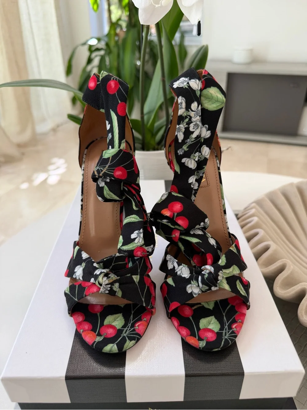 Aquazzura All Tied Up 105 Cherry Blossom Print Black Red Heels Sandlas size 36